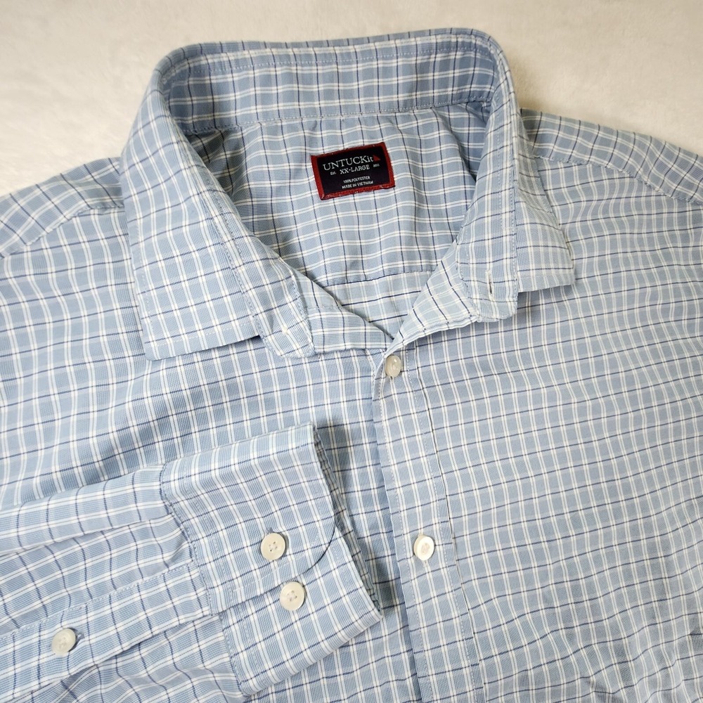 UNTUCKit roland blue Plaid Long Sleeve Button Down shirt‎ men XXL Poly Stretch